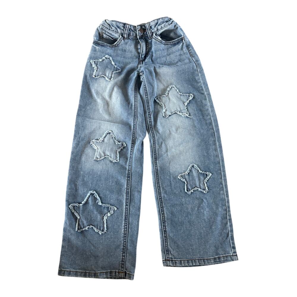 Hippie Girl Wide Leg Jeans Girls Size 7 Mid Rise Star Patch Denim Blue